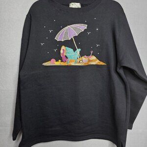 Quacker Factory 90s Beach Umbrella Sand Sun Chair Nature Long Sleeve Sweater Lg